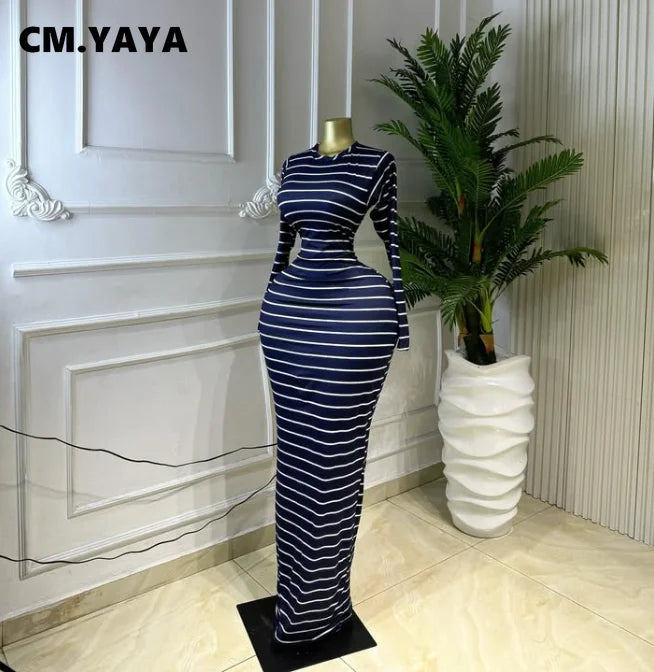 CM.YAYA Women Long Sleeve Striped Print O-neck Long Maxi Dress 2026 Summer Vacation Casual Evening Sexy Party Dresses Vestidos