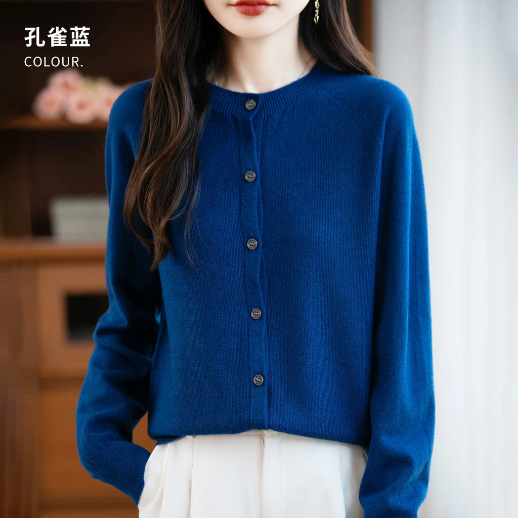 Classic Merino Wool Woman Sweater Basic Female Autumn Winter Knitted Cardigan Elegant Ladies Cashmere Long Sleeve Clothing Tops
