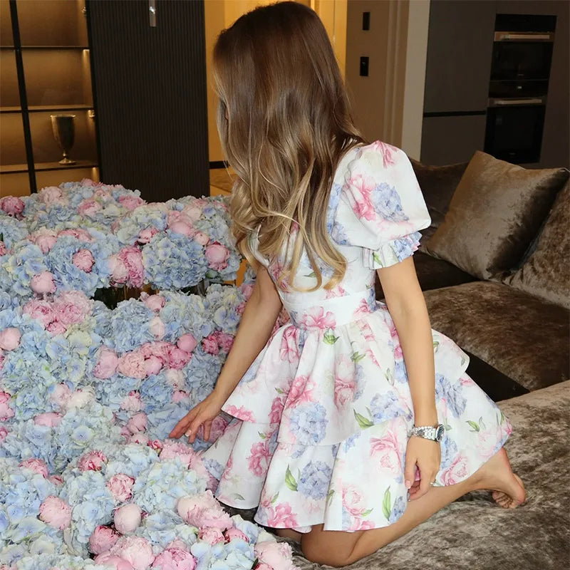 Chic Flower Printed Short Puff Sleeve Mini Dress Women V Neck Beach Holiday Summer Short Vestido Seaside A-line Sexy Casual Gown