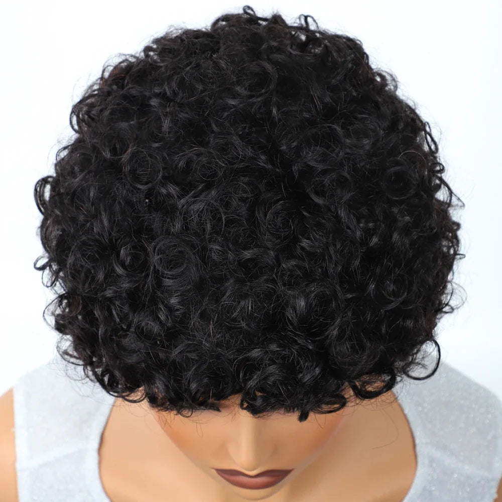 Brazilian Short Bob Pixie Afro Kinky Curly Wigs With Bangs For Black Women Natural Brown 99J Full Machine Made Human Hair Wigs