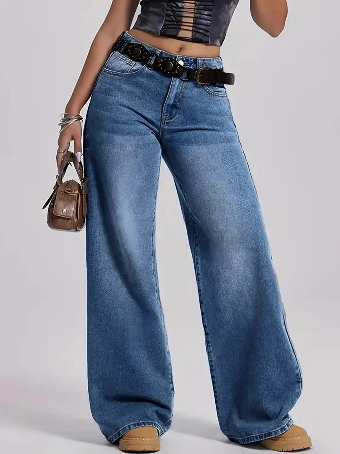 Women's Coffee Brown Wide Leg Jeans High Waisted Super Stretchy Loose Fit Denim Trousers Streetwear