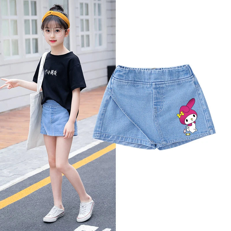 Kids Clothes Elastic Waist Fake Skirt Denim Shorts Jeans for Girls 3-12 Years -Minnie Kuromi Strawberry Bear Printed‌ Fake Skirt
