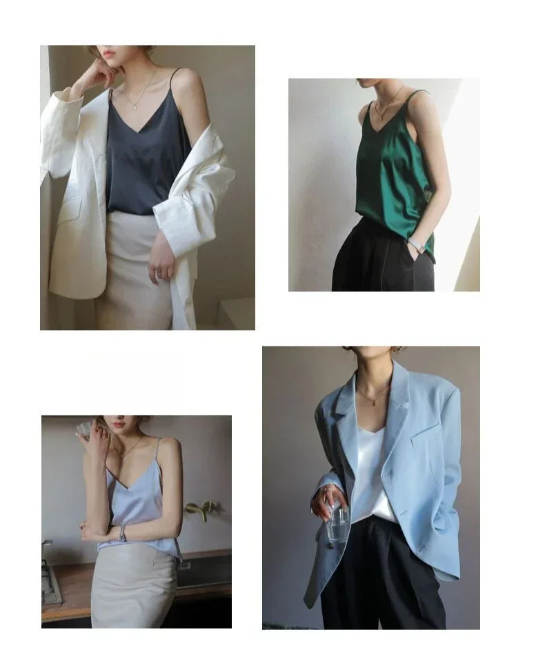 Women Halter V Neck Basic White Cami Spaghetti Strap Top Sleeveless Satin Silk 2026 Tank Tops Women'S Summer Camisole