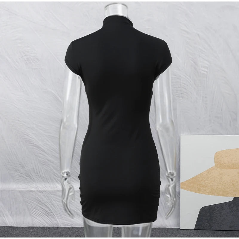 Kpop Black Hollow Out Mini Dress Women Elegant Turtleneck Short Sleeve High Waist Slim Dresses Lady Evening Club Fashion Robes