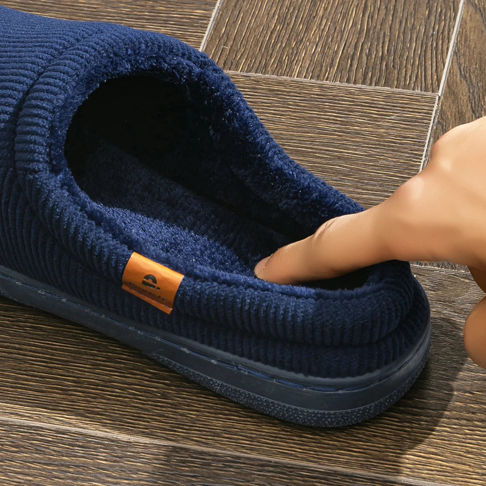 Warm Slippers for Men TPR Sole Memory Foam Soft Cushion Non Slip Stripe Design Comfortable Corduroy House Shoes
