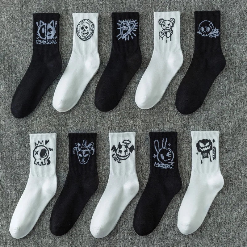 10 pairs of funny little devil pattern socks, casual and personalized, black and white colors suitable for various trendy occasi