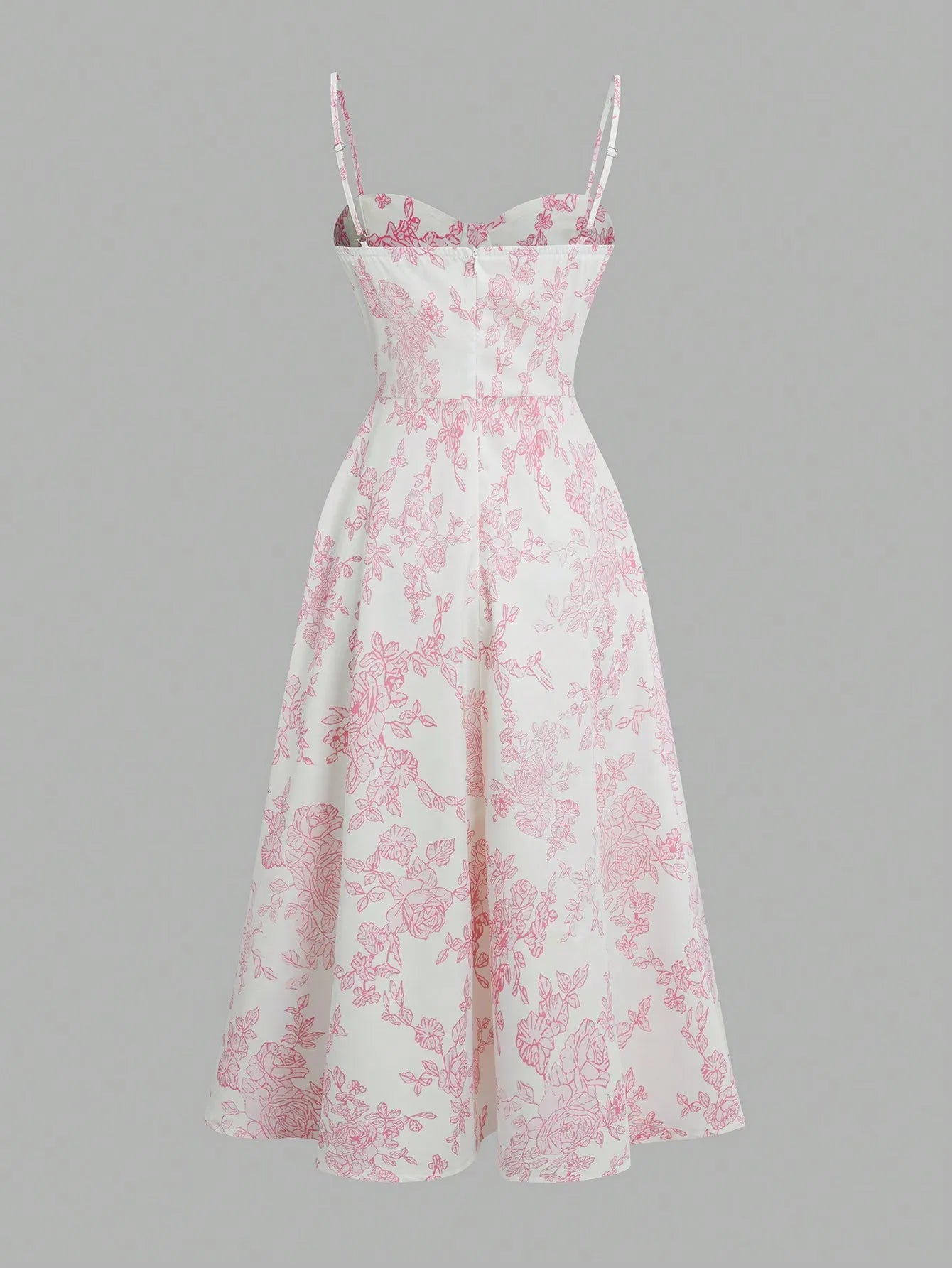 Elegant Pink Floral Print Dress with Thin Straps and a Flared Waist