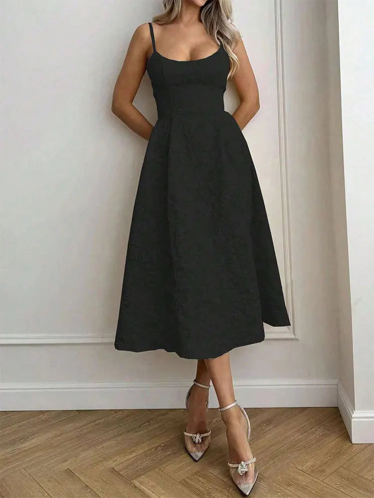 Women A-Line Dresses New Summer Solid Sexy Backless O-Neck Low Chest Sling Maxi Dress Streetwear Fashion Casual Slim Lady Dress