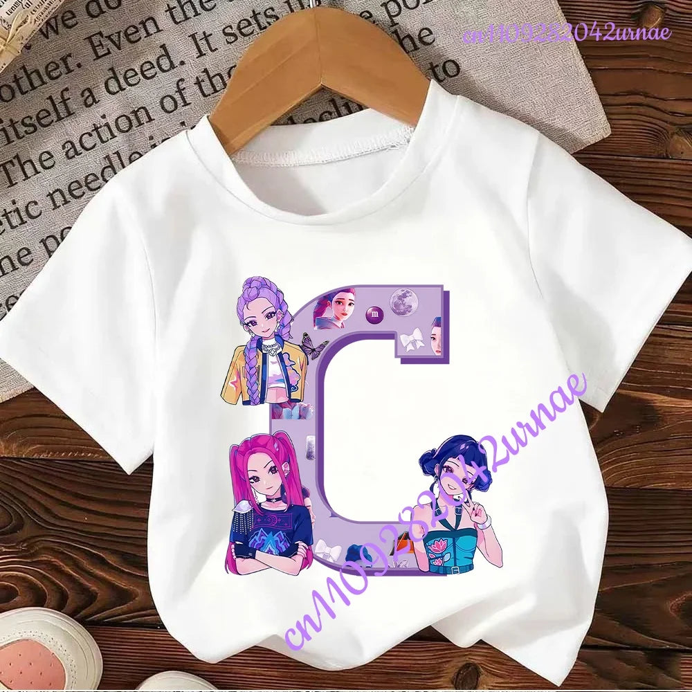 Kpop Demon Hunters Letter A-Z T-shirt Kawaii Rumy Birthday Tops Party Wear Girls Tee Summer Short Sleeve Cotton Kid Clothes