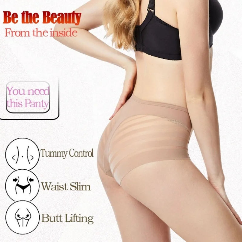 2Pcs/Set Women's Ice Silk Tummy Control Panties Mid Waist Mesh Splice Shaping Briefs Butt Lifter Slimming Soft Underwear M-3XL