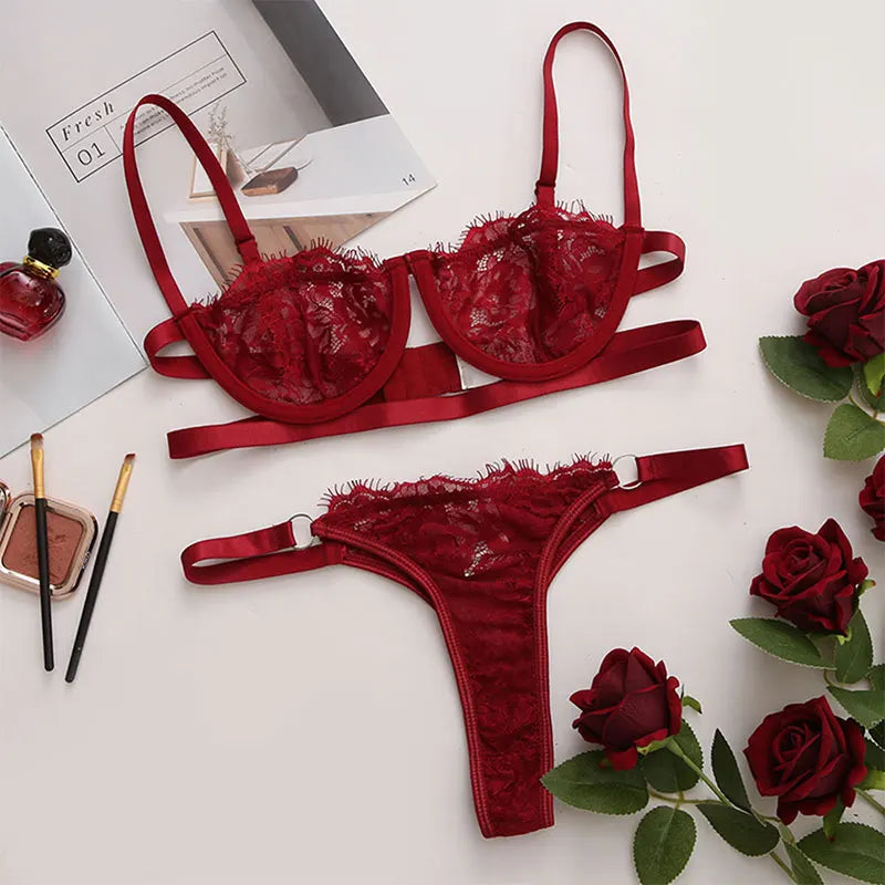 Lace Sheer Bra Cute Women's Pajama Set With Panties Embroidery Sexy Lingerie Steel Ring Push-Up Body Bras Femme Sleepwear Sets