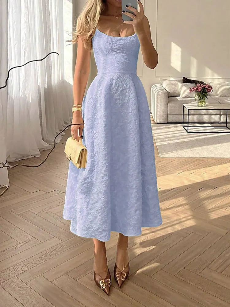 Women A-Line Dresses New Summer Solid Sexy Backless O-Neck Low Chest Sling Maxi Dress Streetwear Fashion Casual Slim Lady Dress