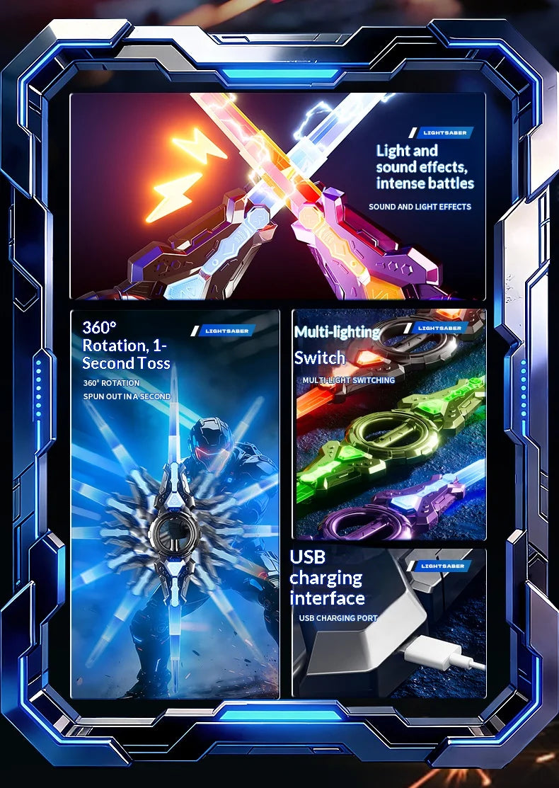 Fire spinning sword, double-edged light sword, children's toy sword, boy's double headed telescopic bearing, rotating knife, lum