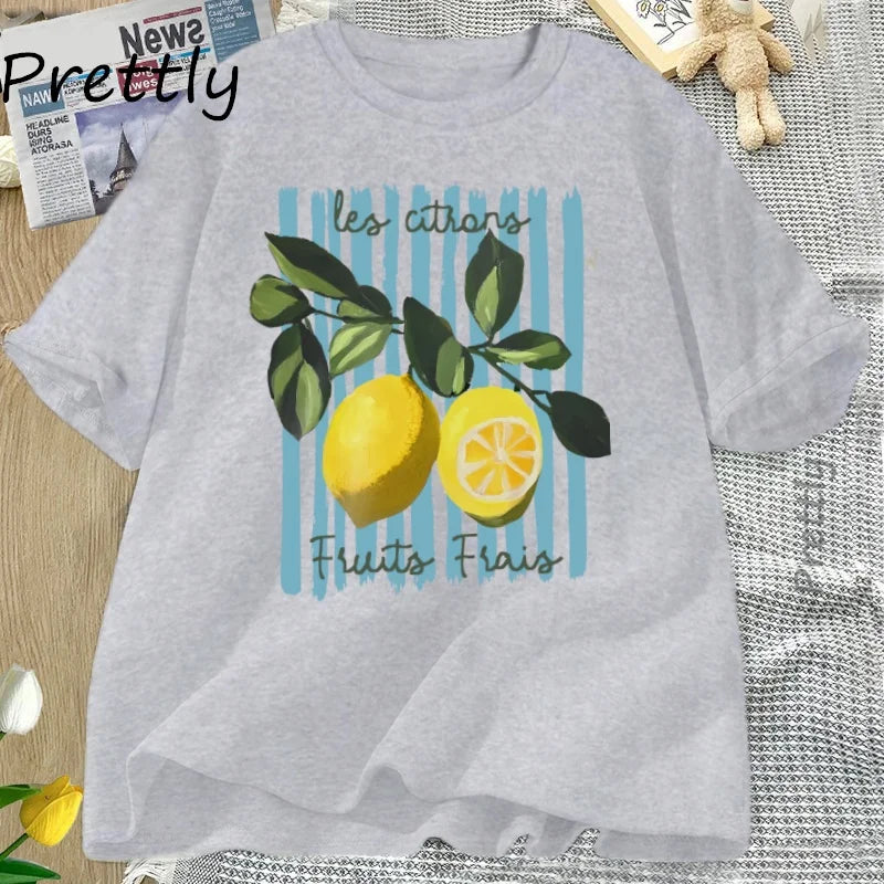 Summer Lemon T-shirt Vintage Cottagecore French T Shirt Cotton Lemon Tee Shirt Vacation Beach Tshirt Casual Short Sleeve Tops