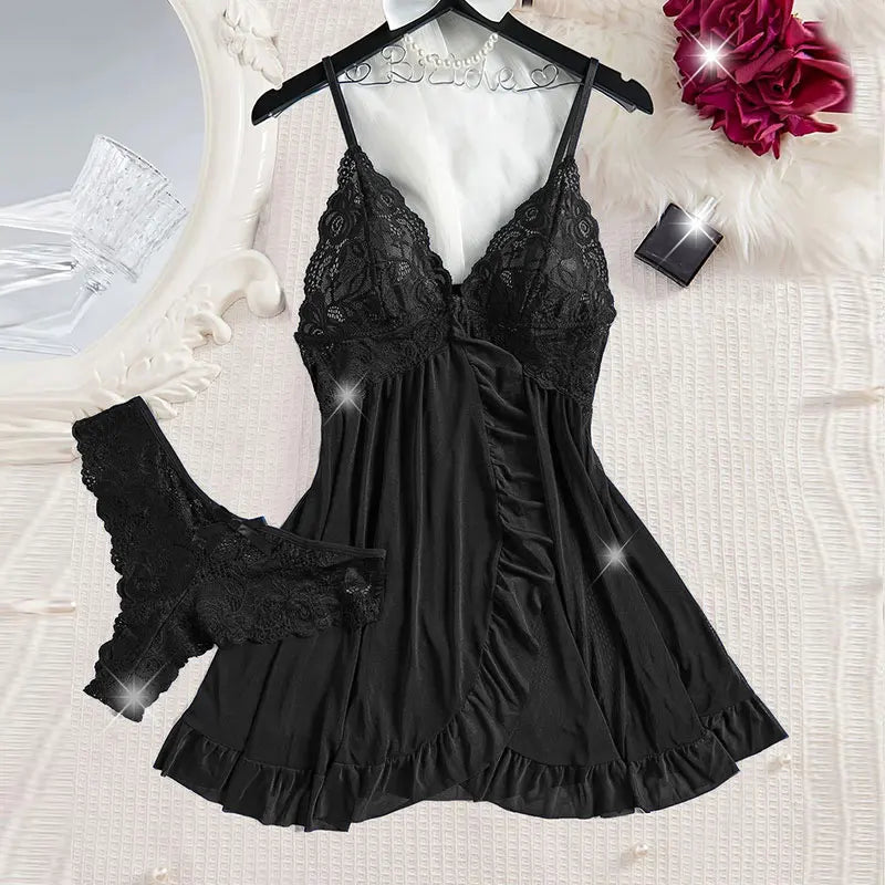 A Set Pink Cute Women Sweet Nightdress And Panty Pijamas Suit Sleeveless Halter Nightgown Short Sets V-Neck Bra Thong Luxury Kit