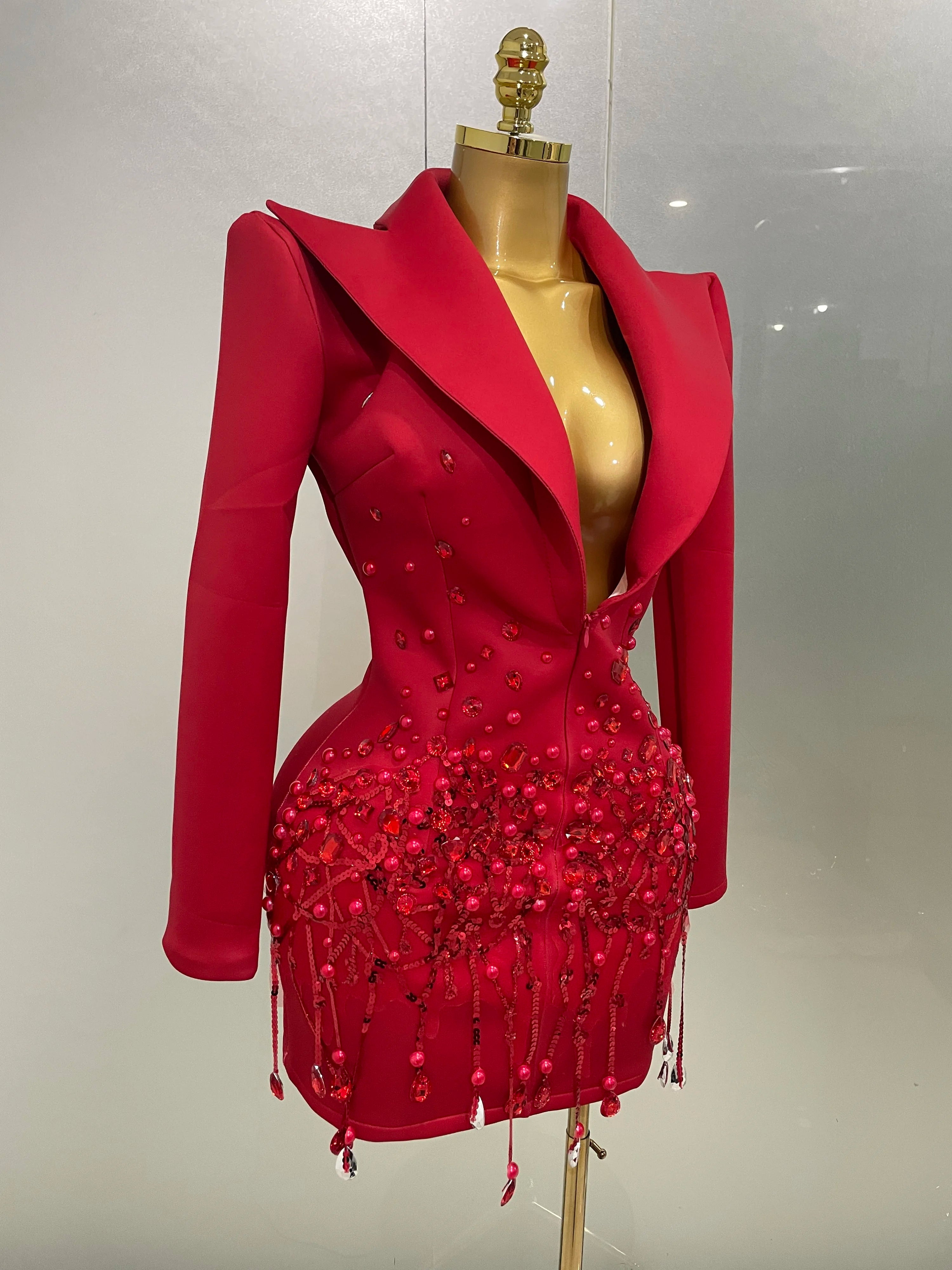 Sparkly Crystal Chains Pearls Long Sleeve Mini Dress 2025 Women Birthday Evening Party Nightclub Outfit Singer Wedding Costume