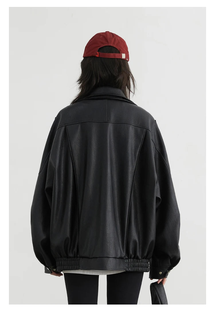 CHIC VEN Woman PU Jacket Solid Loose New Retro Standing Collar Motorcycle Faux Leather Coat Female Top Spring Autumn 2026