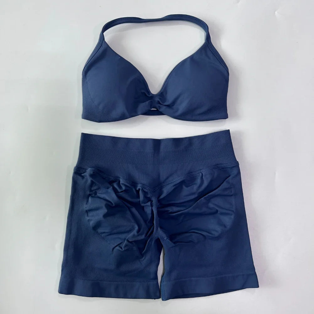 NO LOGO 2PCS Gym Set Women Strappy Yoga Bra Top High Waist Workout Scrunch Shorts Sports Suit Seamless Yoga Set Fitness Clothes
