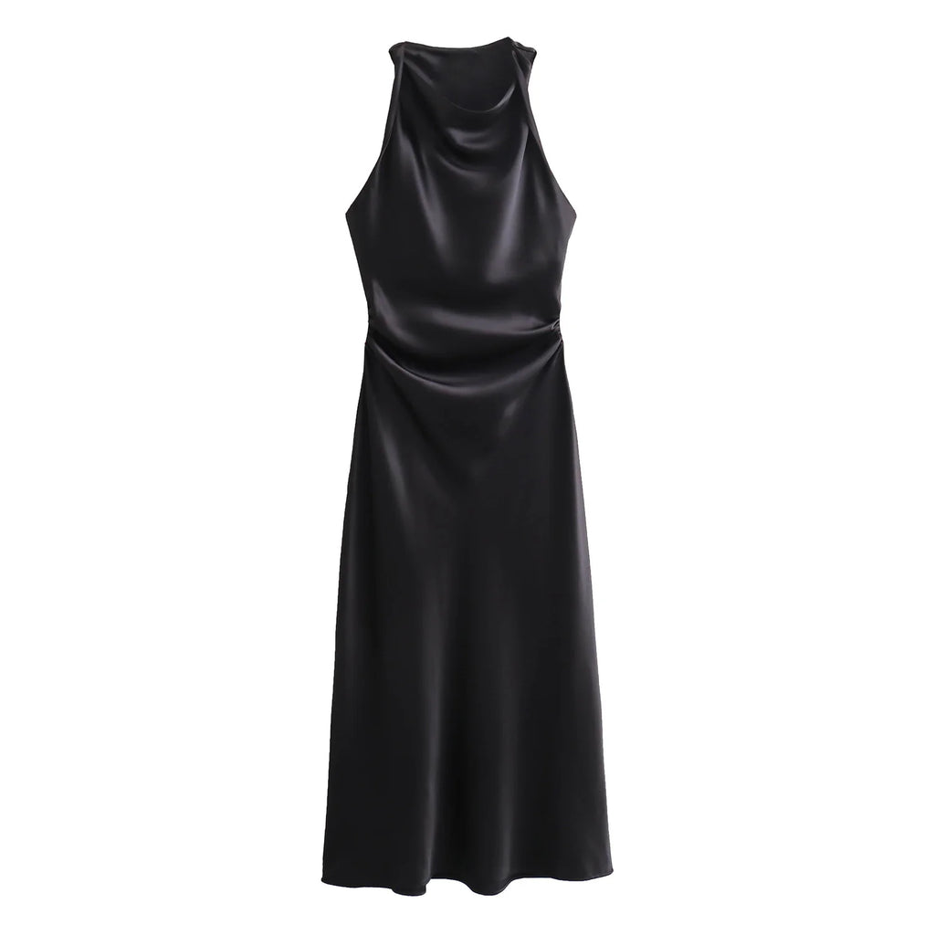 XNWMNZ 2024 Women's Fashion Satin Midi Dress Women High Street O Neck twisted armholes Waist Gathered Fit female Midi Dresses