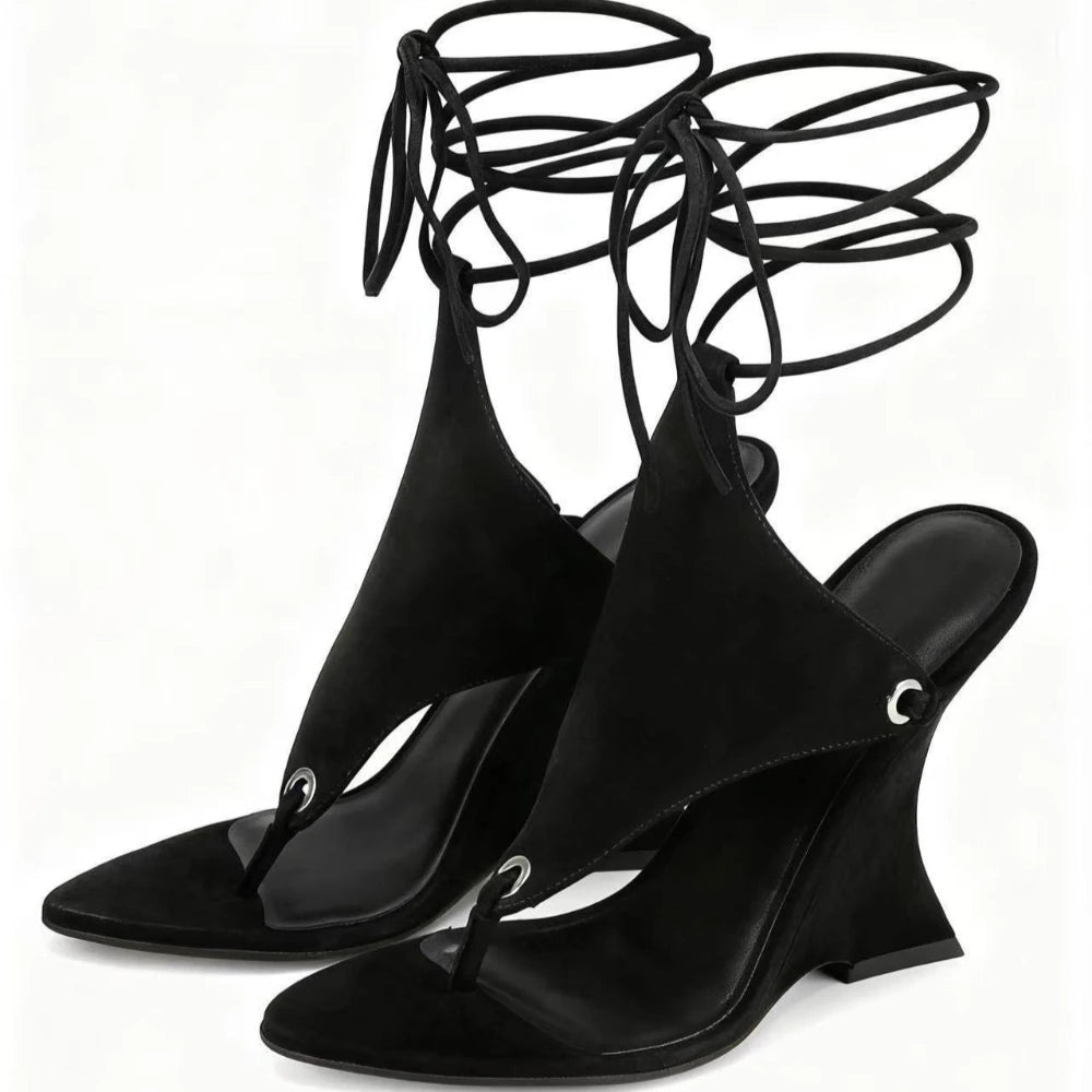 2026 European and American Women's Spring and Summer New Fashion Clip Toe Ankle Strap Irregular High Heels Walking Hollow Shoes