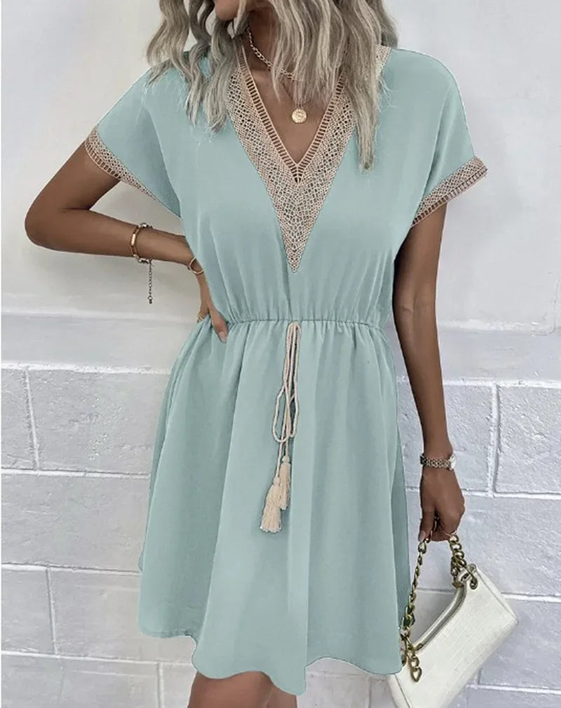 Summer Solid Short Sleeve Lace V Neck Waistband Female Beach Midi Short Dress Elegant Women's Sweet White Solid Color Dresses