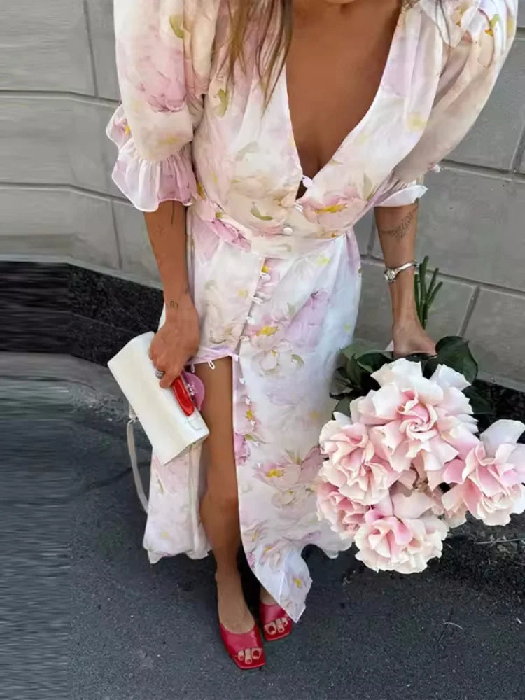 Organza Floral Printed Maxi Dress V-neck Puff Sleeve 2026 Spring/summer Romantic Women Party Gown Fashion Elegant Lady Vestido