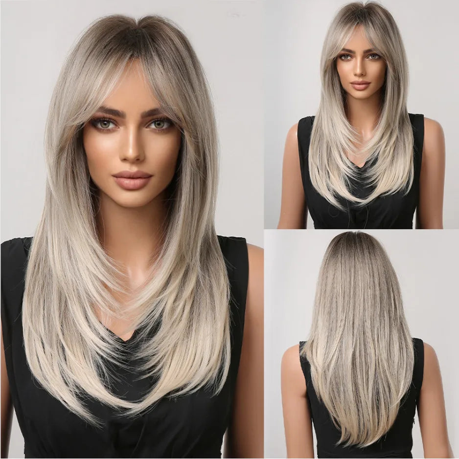 ALAN EATON Long Brown Highlight Synthetic Wigs Layered Straight Hair Wig Realistic Fake Hair for Daily Wear High Temperature Wig