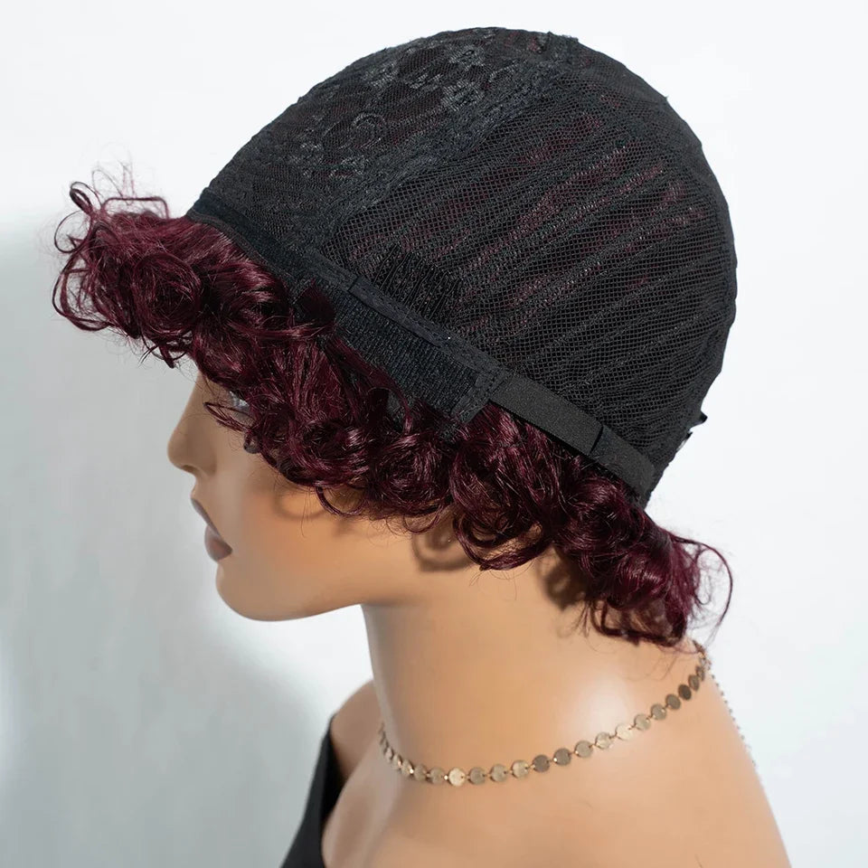 Brazilian Short Bob Pixie Afro Kinky Curly Wigs With Bangs For Black Women Natural Brown 99J Full Machine Made Human Hair Wigs