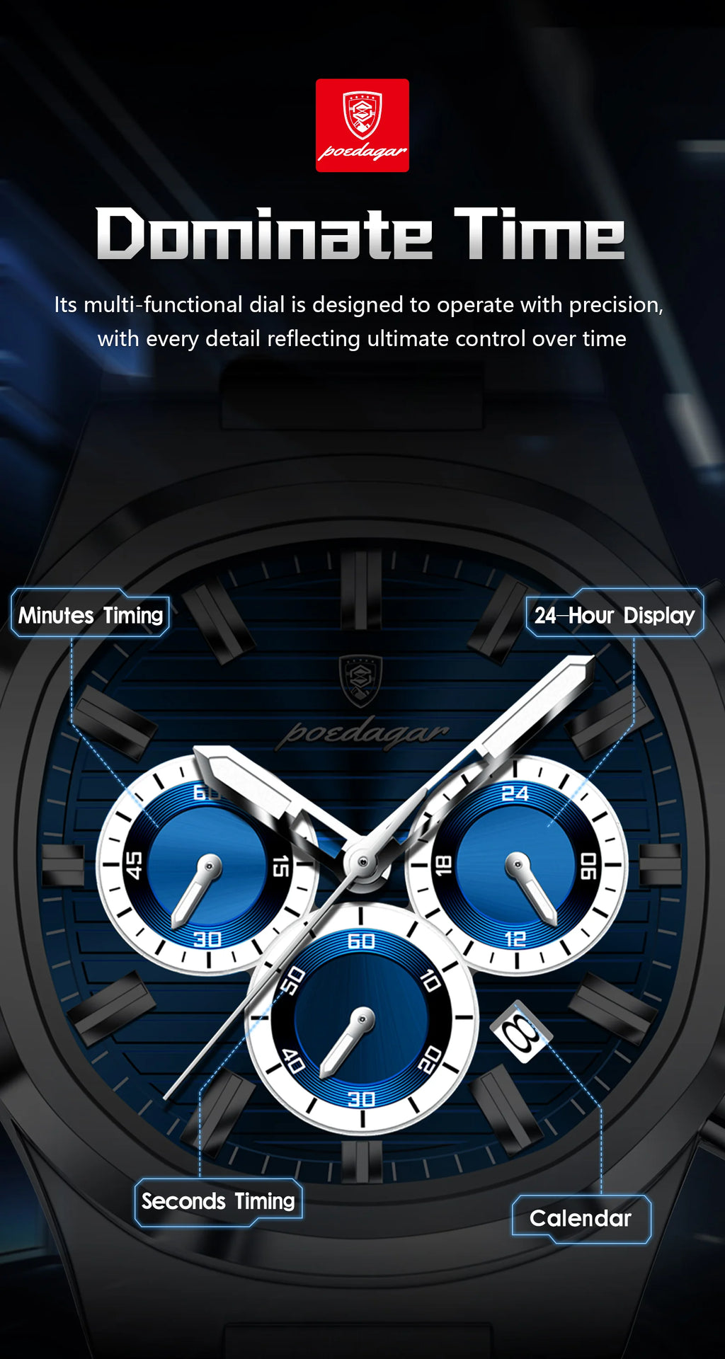 POEDAGAR Business Man Wristwatch Date Chronograph Waterproof Luminous Luxury Men Watch Stainless Steel Quartz Men's Watches Male
