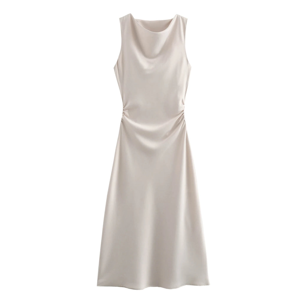 XNWMNZ 2024 Women's Fashion Satin Midi Dress Women High Street O Neck twisted armholes Waist Gathered Fit female Midi Dresses