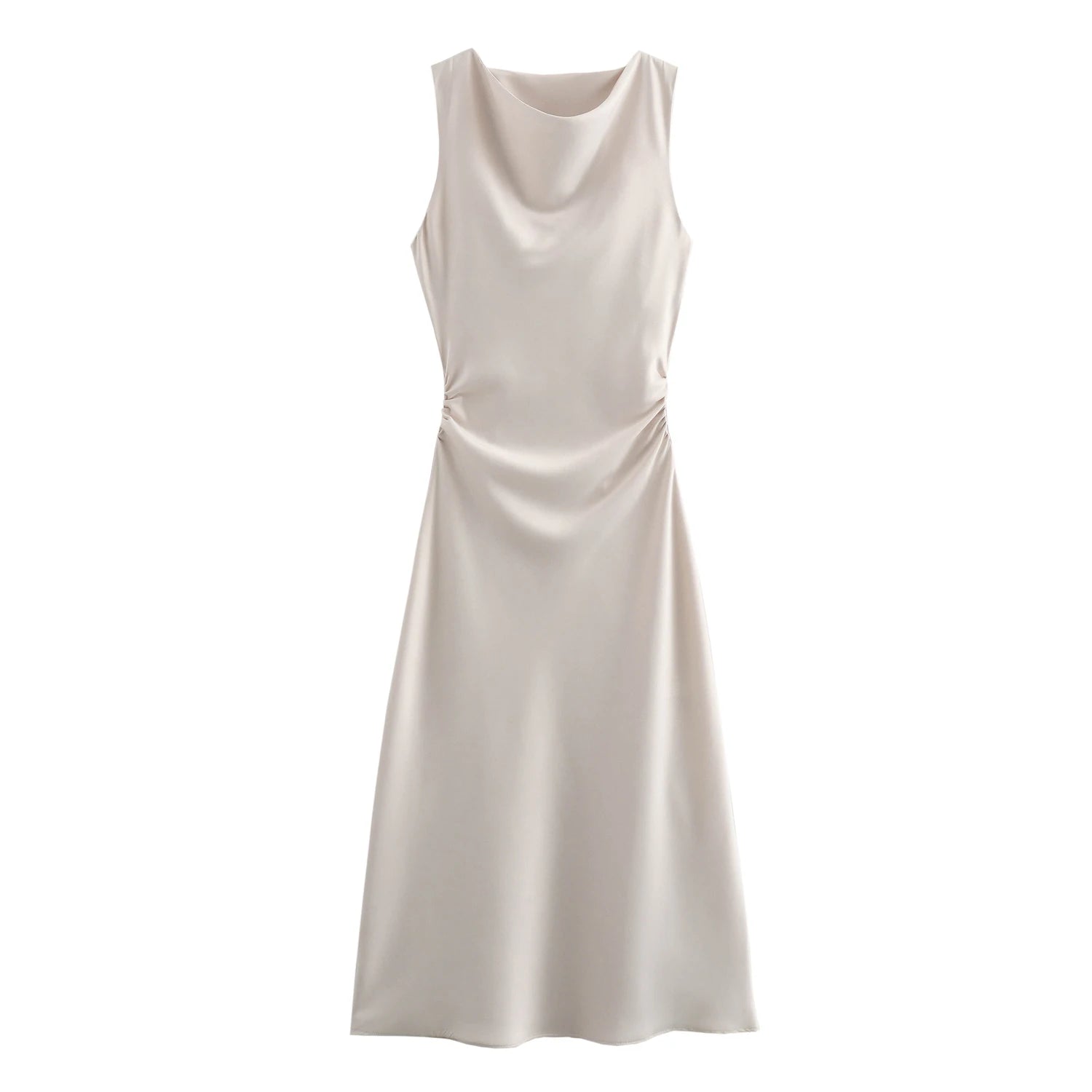 XNWMNZ 2024 Women's Fashion Satin Midi Dress Women High Street O Neck twisted armholes Waist Gathered Fit female Midi Dresses