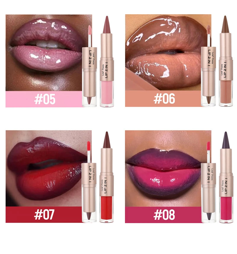 Black Brown Tapered Lip Liner Contour Pencil Double Head Mirror Plumping Lip Glaze Crystal Gloss Sexy Red Lips Tint Makeup New