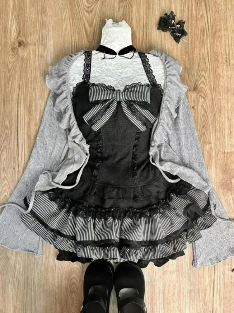 Sweet Lolita Early Autumn Three Piece Set Lace up Ruffles Cardigan Sexy Slim Fit Strapless Vest Tops High Waist Ruched Skirts
