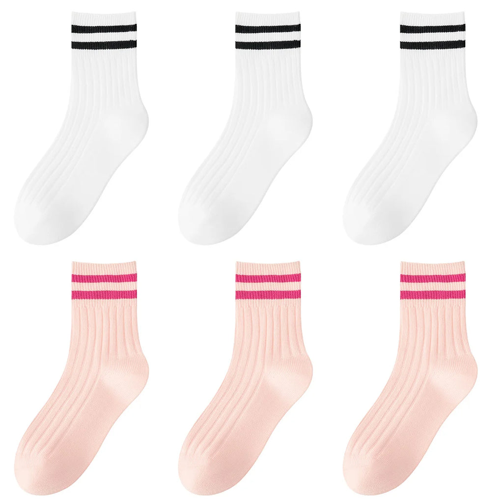 Kids Boys Girls Cotton Socks - Seamless Double Needle Ribbed 2-Stripe, Teens Students All Season School Home Sports Socks