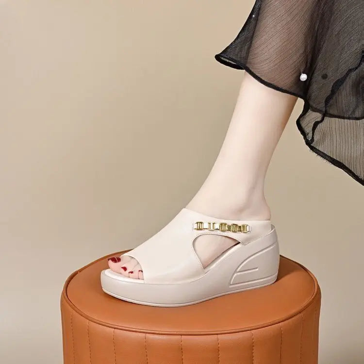 Women's Waterproof Platform Summer Platform Slippers Non-Slip Soft-Soled Wedge Sandals Women's Metal Chain Heightening