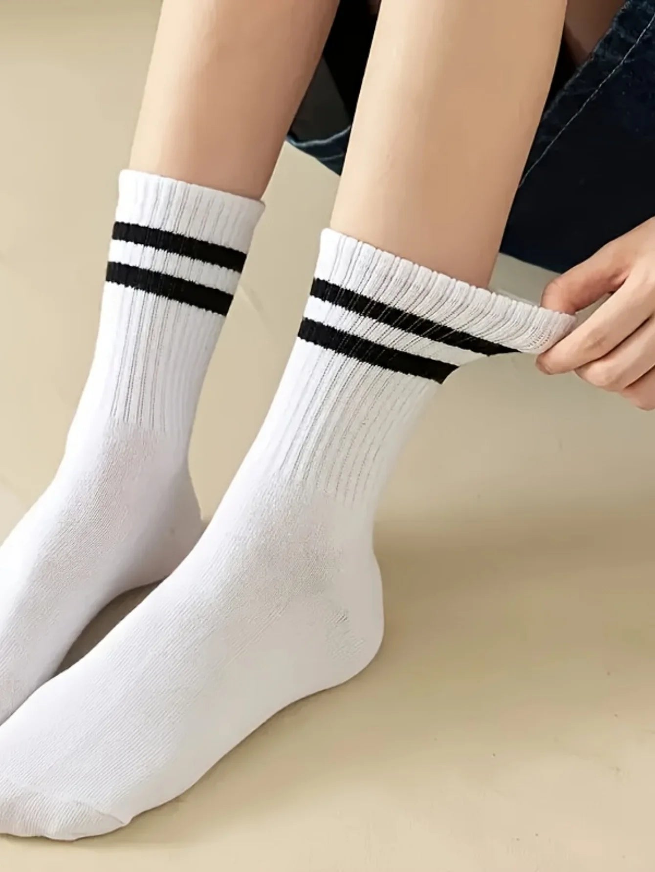 3/ 6 pairs Striped mid-calf socks, crew socks, comfortable and breathable, women's white socks, suitable for daily sports wear