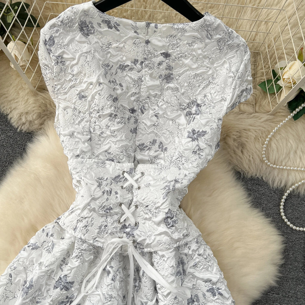 Court Style Elegant Long Dresses for Women Jacquard O-neck Short Sleeve A-line High Waist Vestidos Mujer Frenchic Dress Dropship