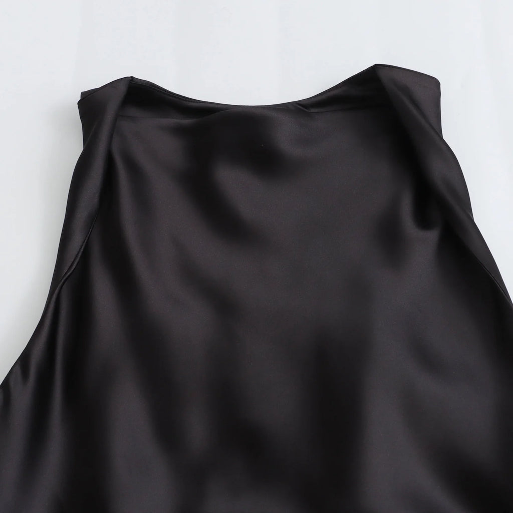 XNWMNZ 2024 Women's Fashion Satin Midi Dress Women High Street O Neck twisted armholes Waist Gathered Fit female Midi Dresses