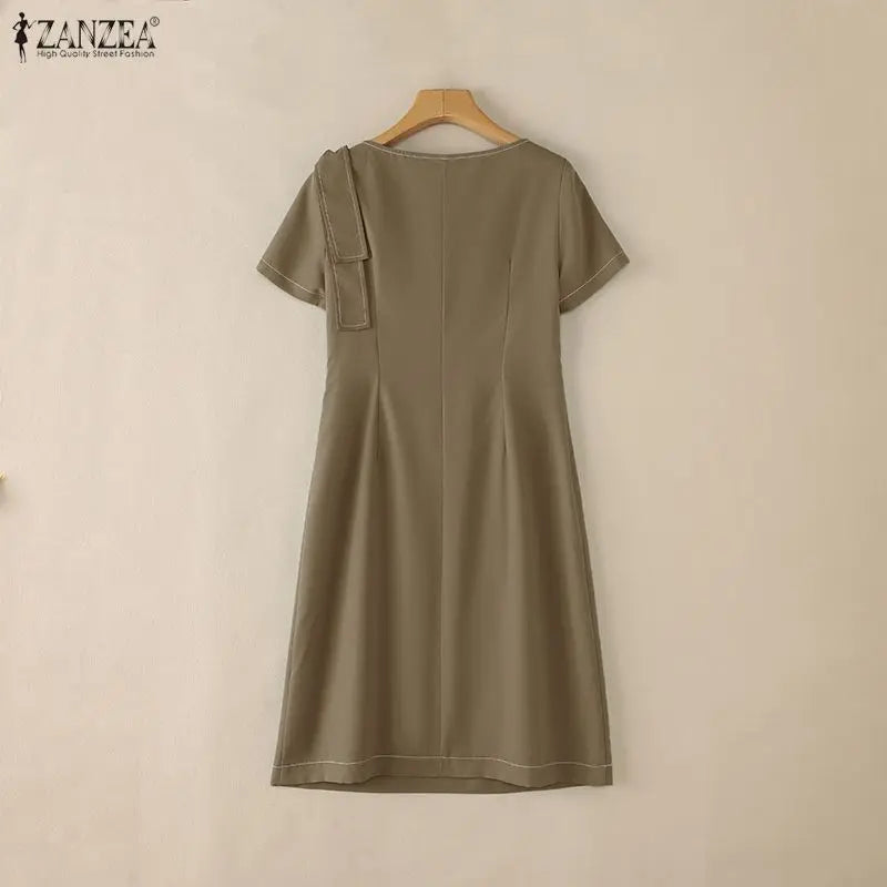 ZANZEA Elegant Women OL Work Dresses 2026 Summer Short Sleeve Solid Knee Length Dress Robe Stylish A Line Waisted Party Vestidos