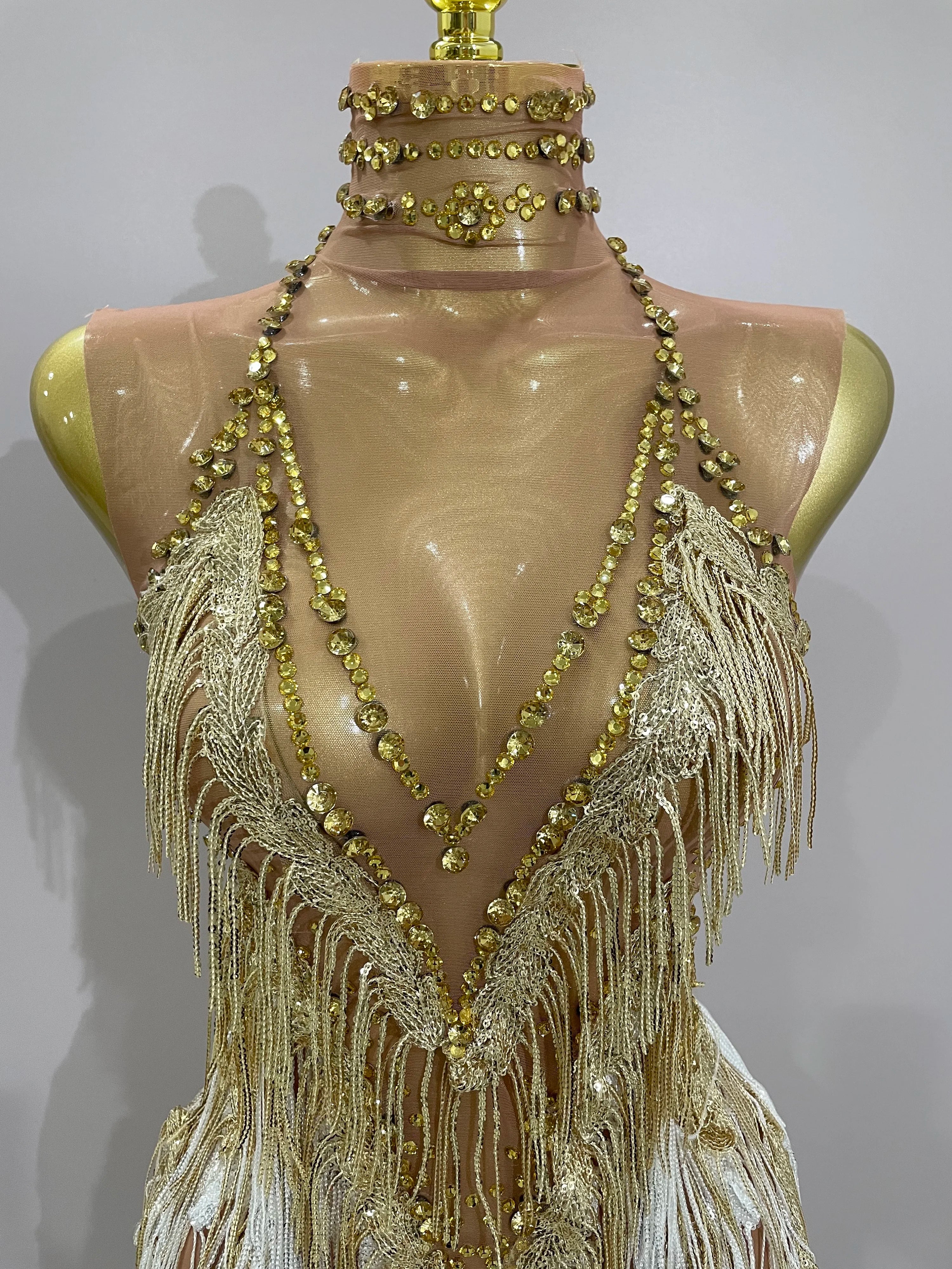 Stock 2025 Women Sexy Stretch Mesh Sparkly Rhinestone Tassels Mini Dress Nightclub Singer Dance Stage Costume Evening Gowns