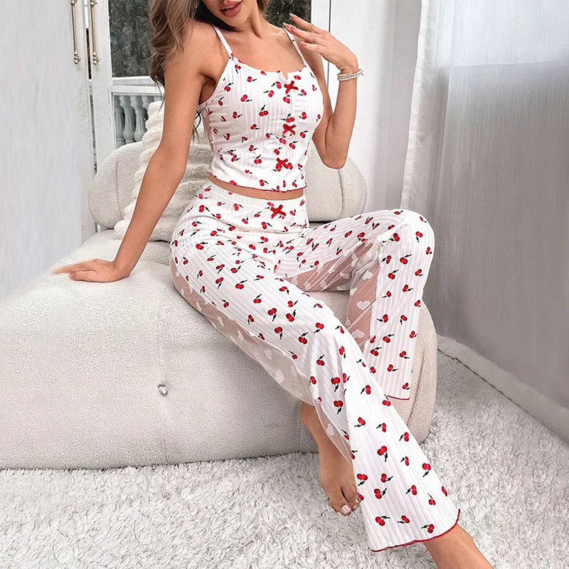 Women's Sleepwear & Loungewear Heart Print Contrast Lace Pajamas Pj Set Summer Sleevelss Cami Top & Elastic Pants Pyjama 2 Piece