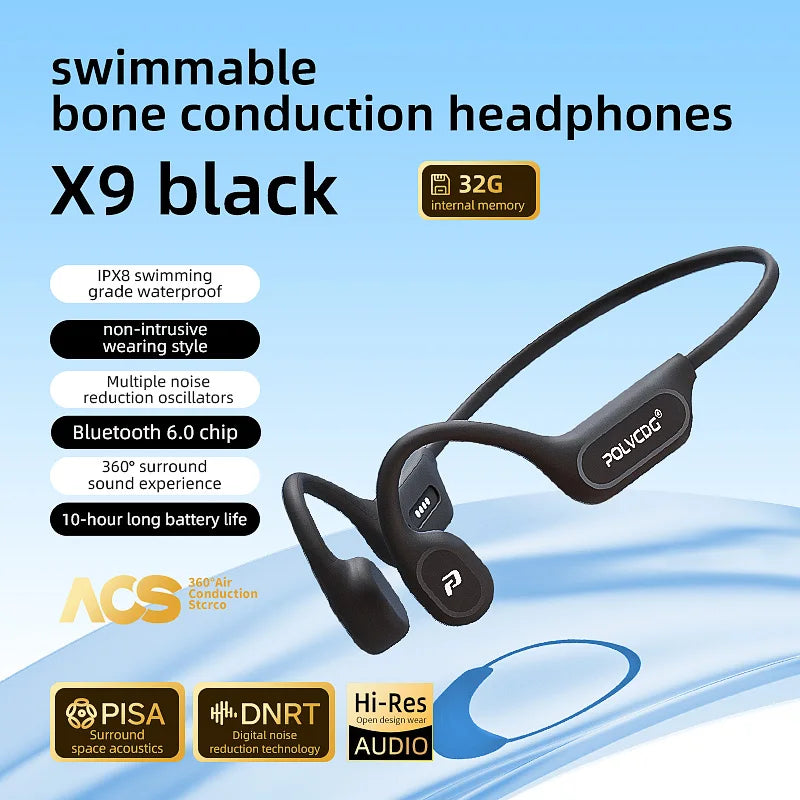 POLVCDG X9 Bone Conduction Earphones IPX8 Waterproof Open Swimming Earphones 32G Ear Hanging Earphones Tennis Running Cycling