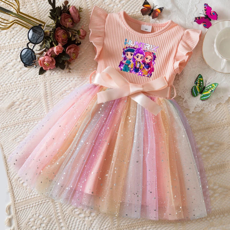 K-Pop Hunters Zoey Mira Rumi Girls Flying Sleeves Bow Sequin Dress Kids Baby Girl Birthday Party Fluffy Tutu Princess Dress 1-5Y