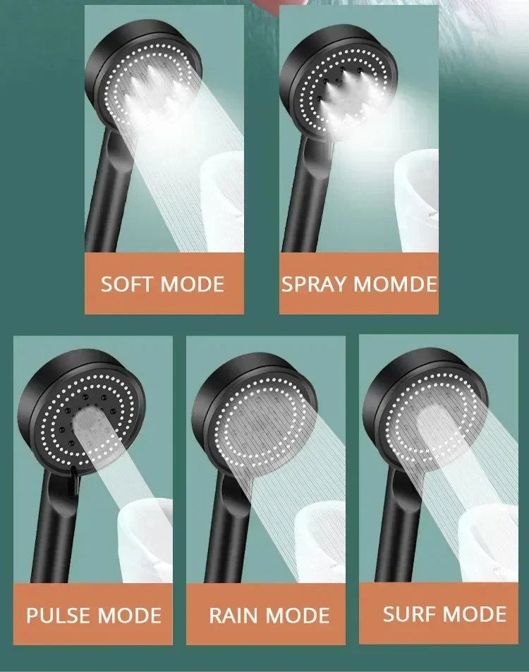 Booster Shower Head 5 Modes Household Adjustable High Pressure Water Massage Shower Head Handheld Spray Shower Bathroom Supplies
