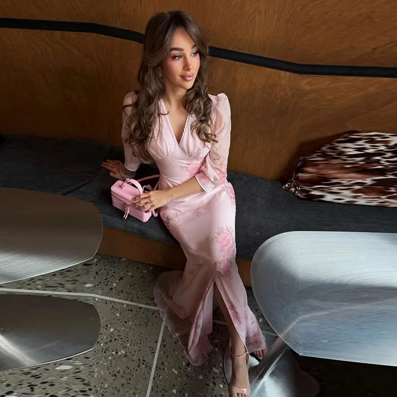 Elegant Print Women Long Dress Fashion Trumpet Pleated Short Puff Sleeve V-neck Female Dresses 2026 Summer Beach Lady Robe New