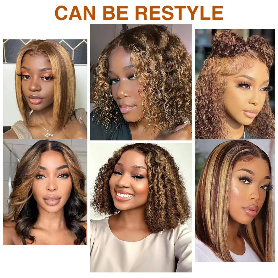 Bob Wig Human Hair Highlight 5X5 Hd Lace Closure Wig Curly Short 427 Honey Blonde Colored Glueless Deep Wave Wig For Black Women