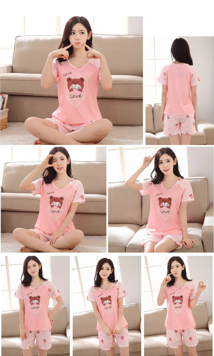 Women Thin Cute Sleepwear 2PCS Shirt Shorts Pajamas Set Nightwear Cartoon Intimate Lingerie Pyjamas Female Homewear Gift Tops