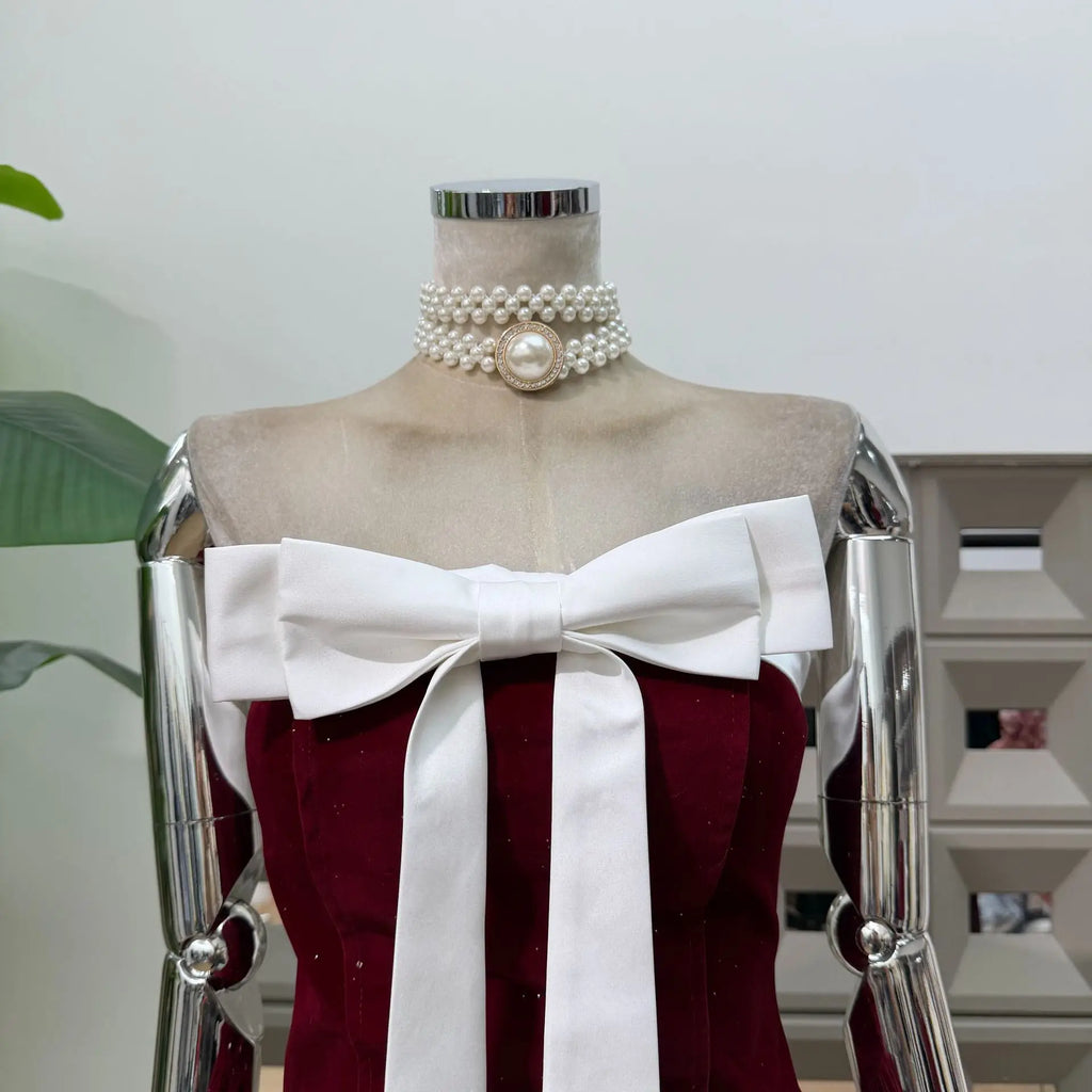 Women Sexy Strapless Backless Polka Dot Bow A Line Dress Party Birthday Evening Ball Gowns Nightclub Show Wear Fashion Vestido