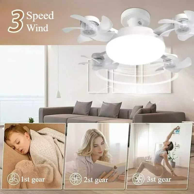 Drone Design Silent Ceiling Fan Light E27 Base Remote Controlled Dimmable 3 Color LED Ceiling Fanlight for Living Room Bedroom