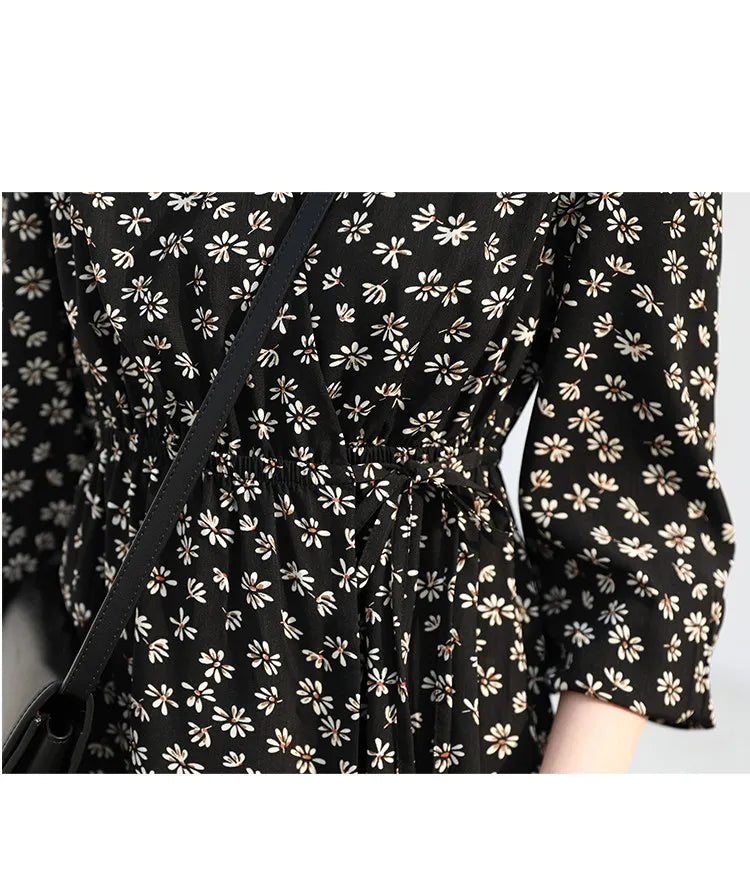 CHIC VEN New Women Dresses Long Sleeved Retro V-neck Black Floral Female Dress Elastic Waisted Lace Up Spring Summer 2026